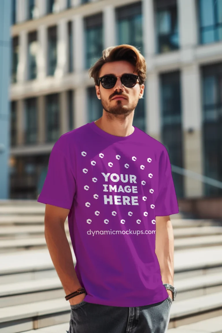 Man Wearing Purple T-shirt Mockup Front View Template