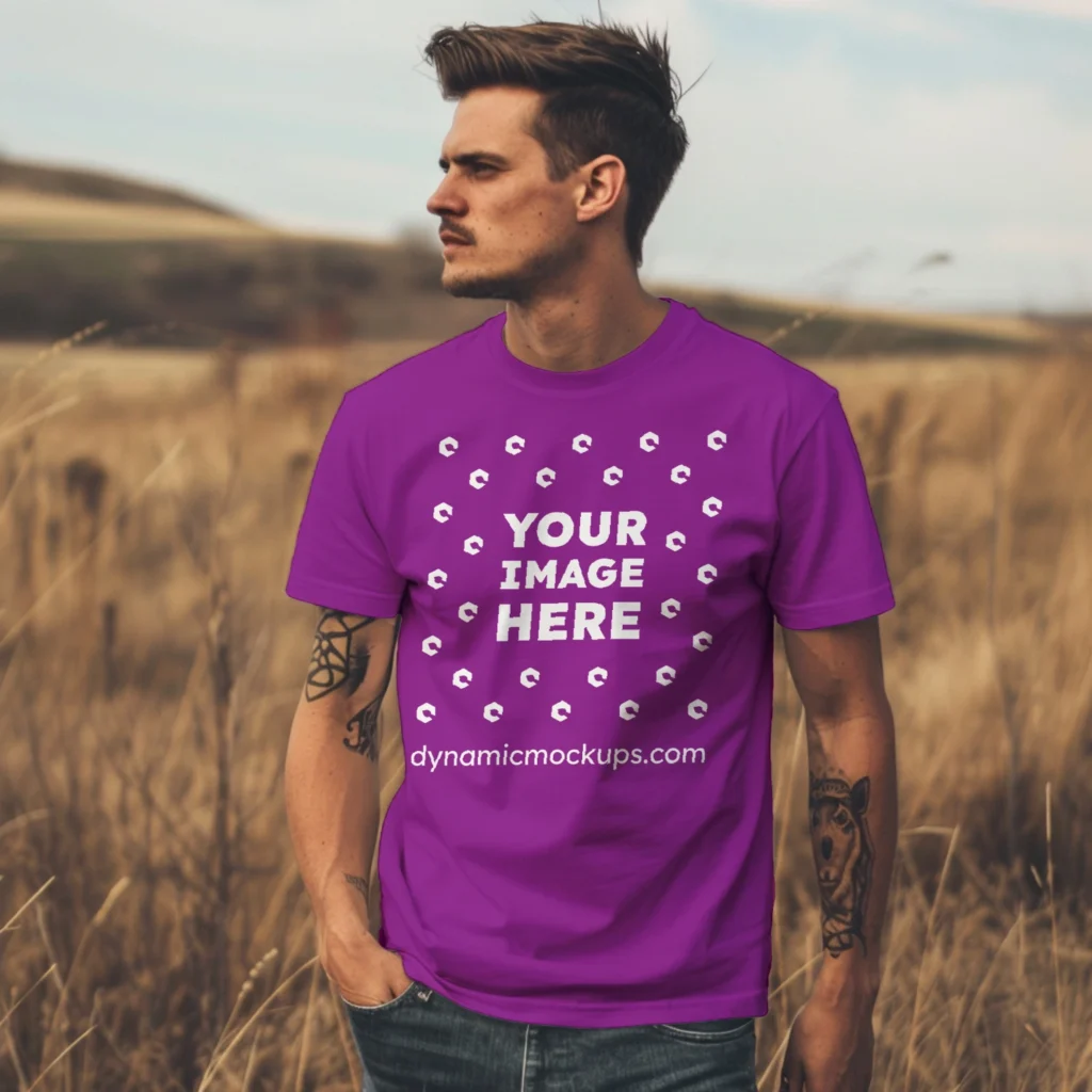 Man Wearing Purple T-shirt Mockup Front View Template