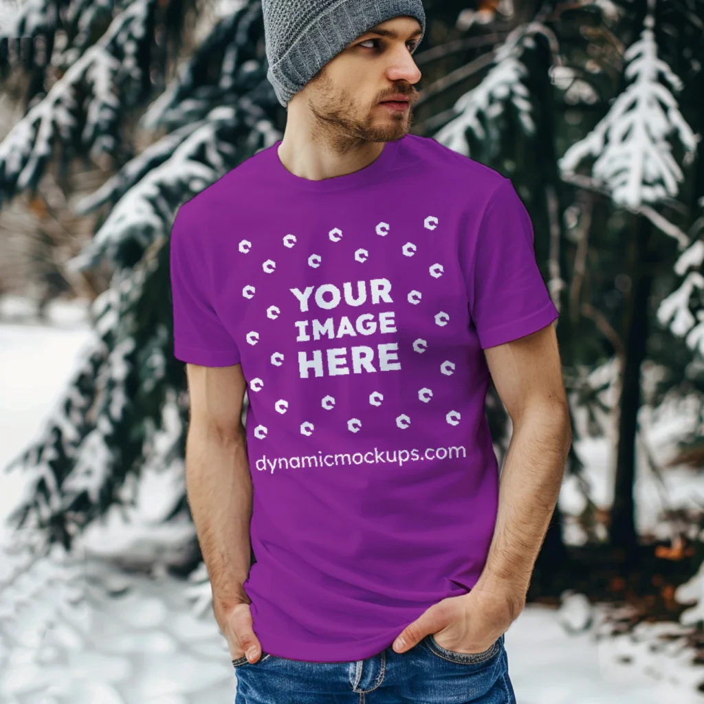 Man Wearing Purple T-shirt Mockup Front View Template