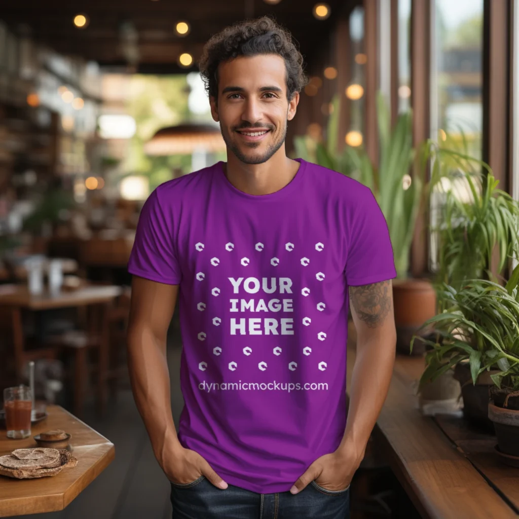 Man Wearing Purple T-shirt Mockup Front View Template