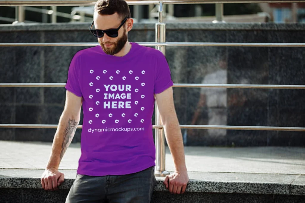 Man Wearing Purple T-shirt Mockup Front View Template