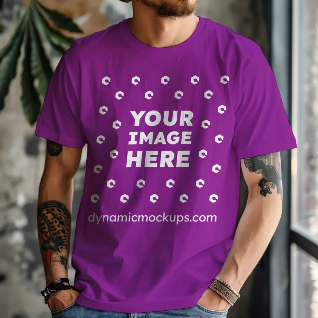 Man Wearing Purple T-shirt Mockup Front View Template