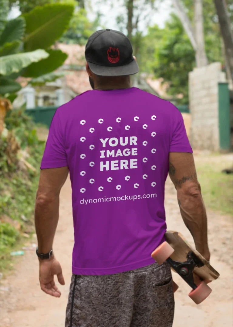 Man Wearing Purple T-shirt Mockup Back View Template