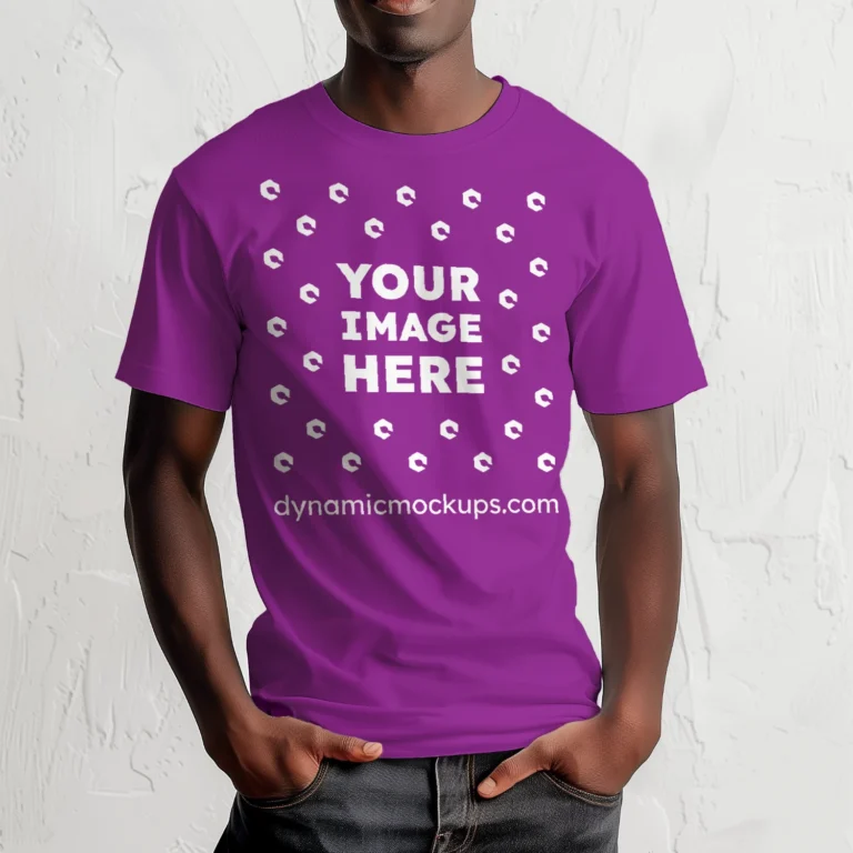 Man Wearing Purple T-shirt Mockup Front View Template