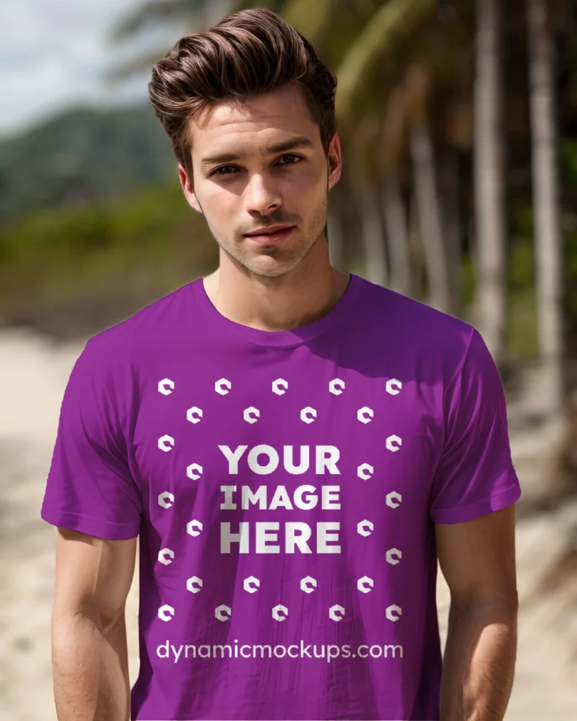 Man Wearing Purple T-shirt Mockup Front View Template