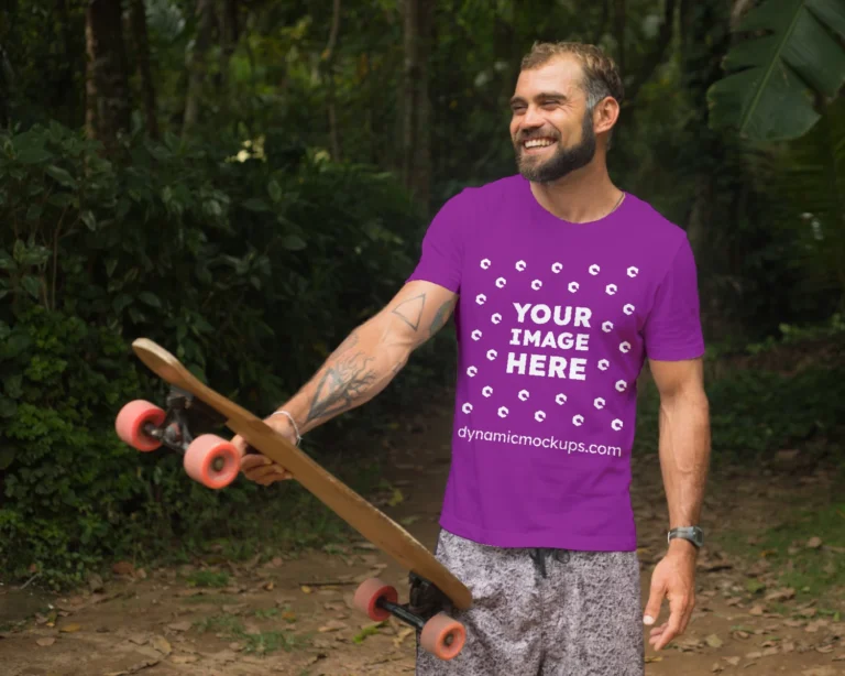 Man Wearing Purple T-shirt Mockup Front View Template