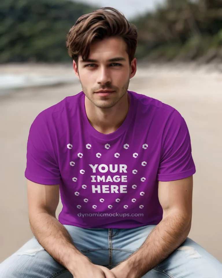 Man Wearing Purple T-shirt Mockup Front View Template