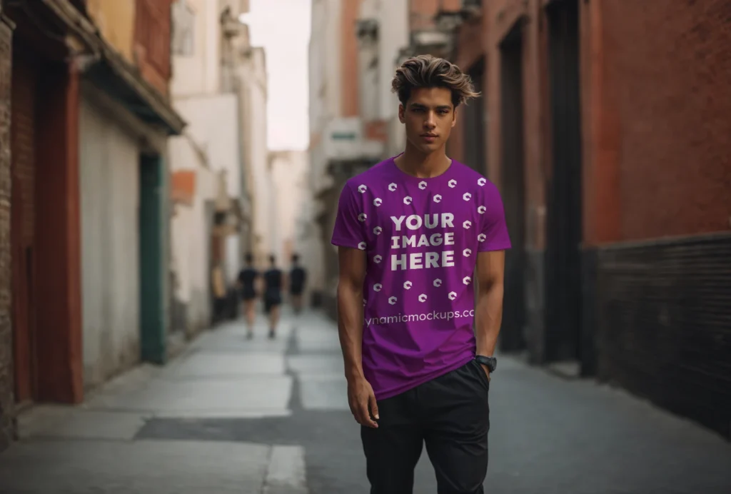 Man Wearing Purple T-shirt Mockup Front View Template