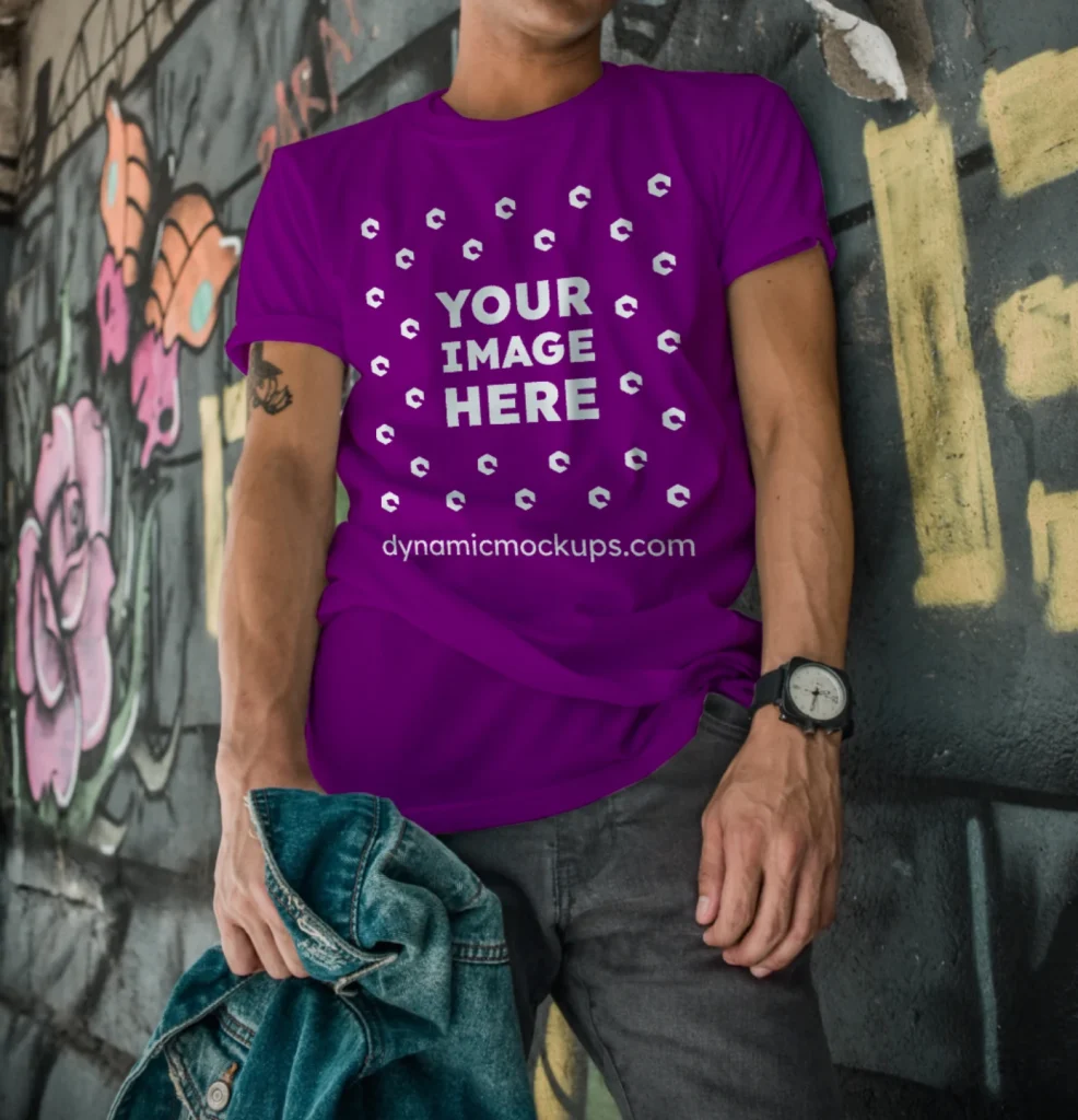 Man Wearing Purple T-shirt Mockup Front View Template