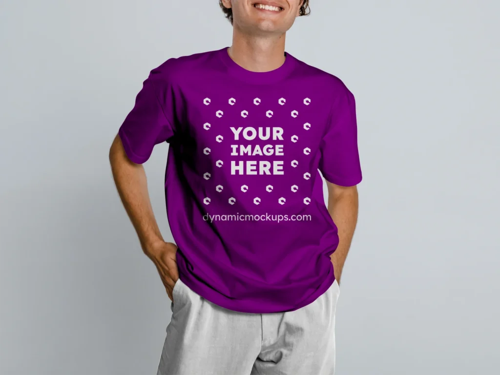 Man Wearing Purple T-shirt Mockup Front View Template