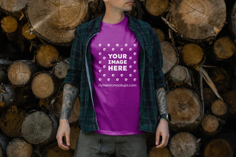 Man Wearing Purple T-shirt Mockup Front View Template