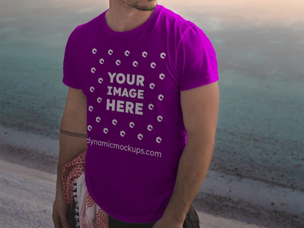 Man Wearing Purple T-shirt Mockup Front View Template