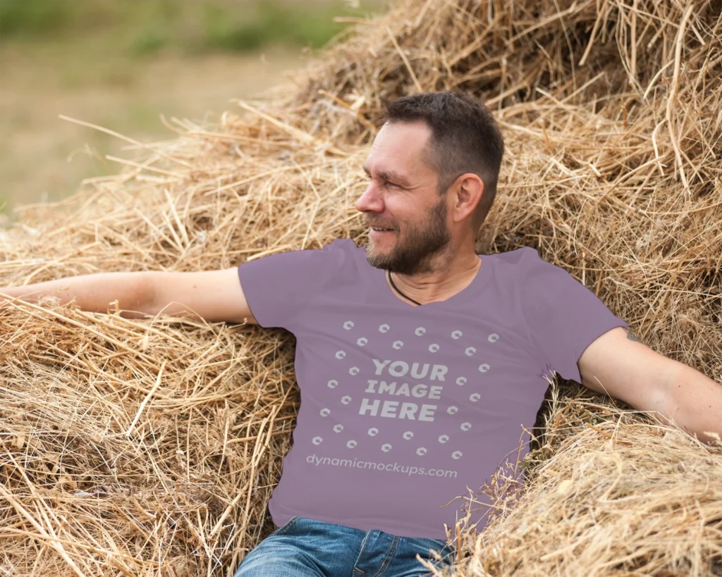 Man Wearing Purple T-shirt Mockup Front View Template