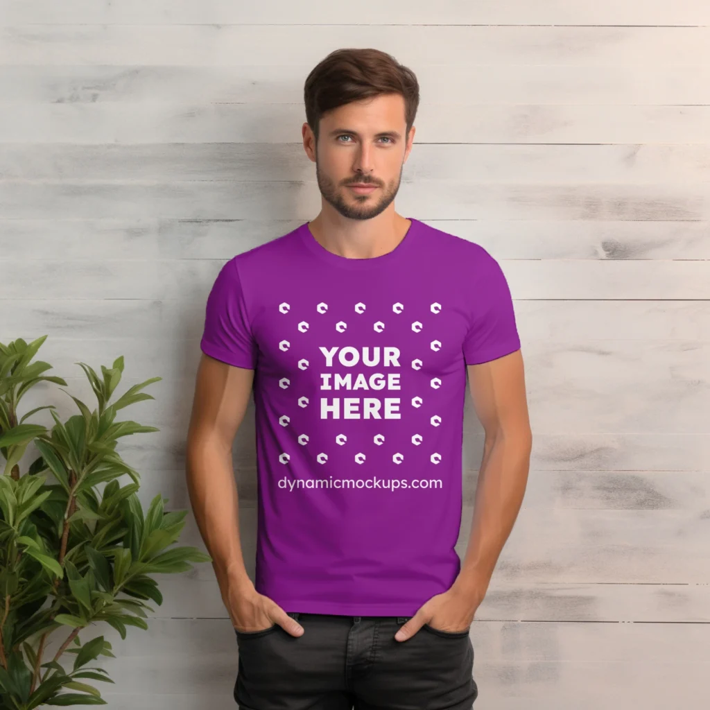 Man Wearing Purple T-shirt Mockup Front View Template