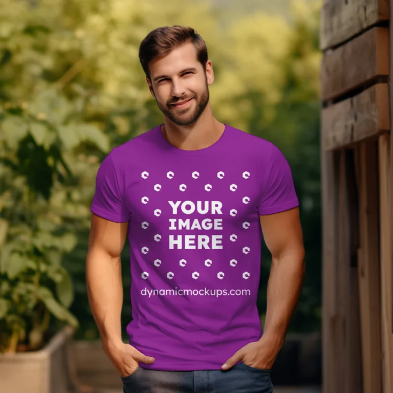 Man Wearing Purple T-shirt Mockup Front View Template