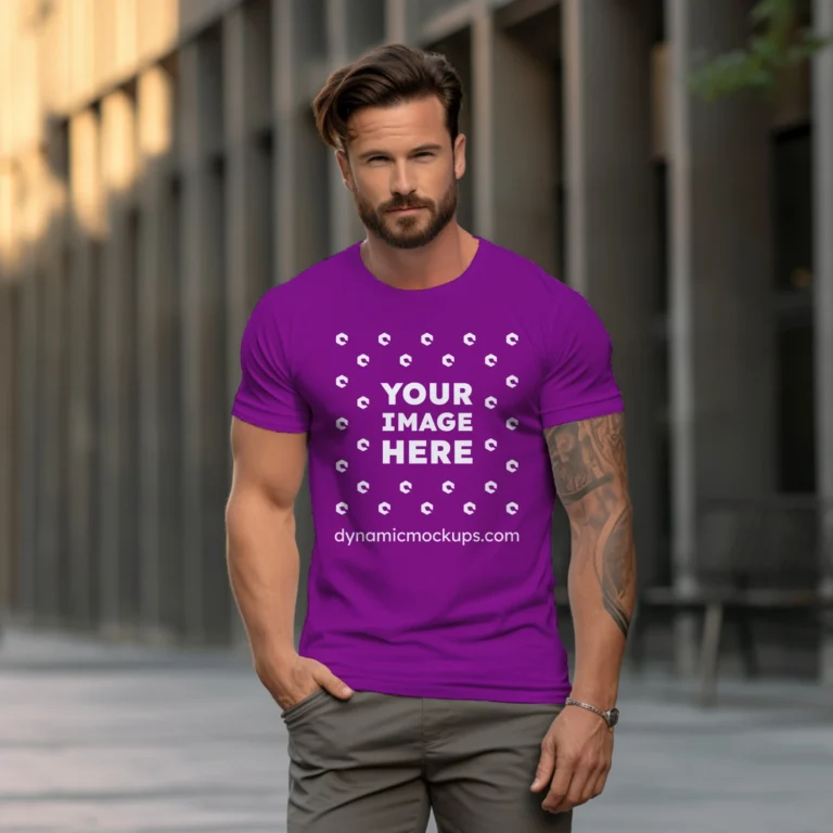 Man Wearing Purple T-shirt Mockup Front View Template