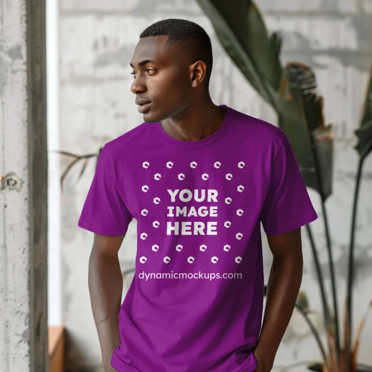 Man Wearing Purple T-shirt Mockup Front View Template