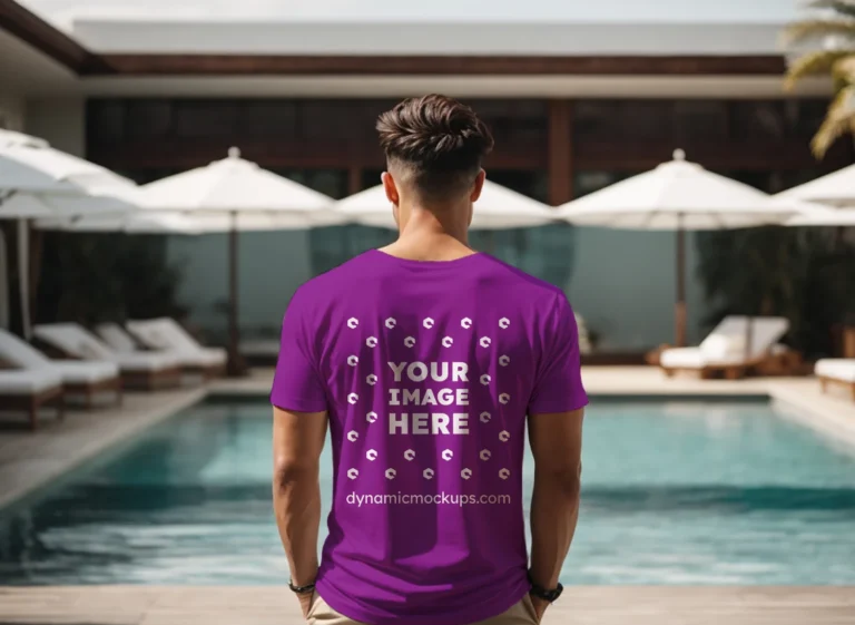 Man Wearing Purple T-shirt Mockup Back View Template