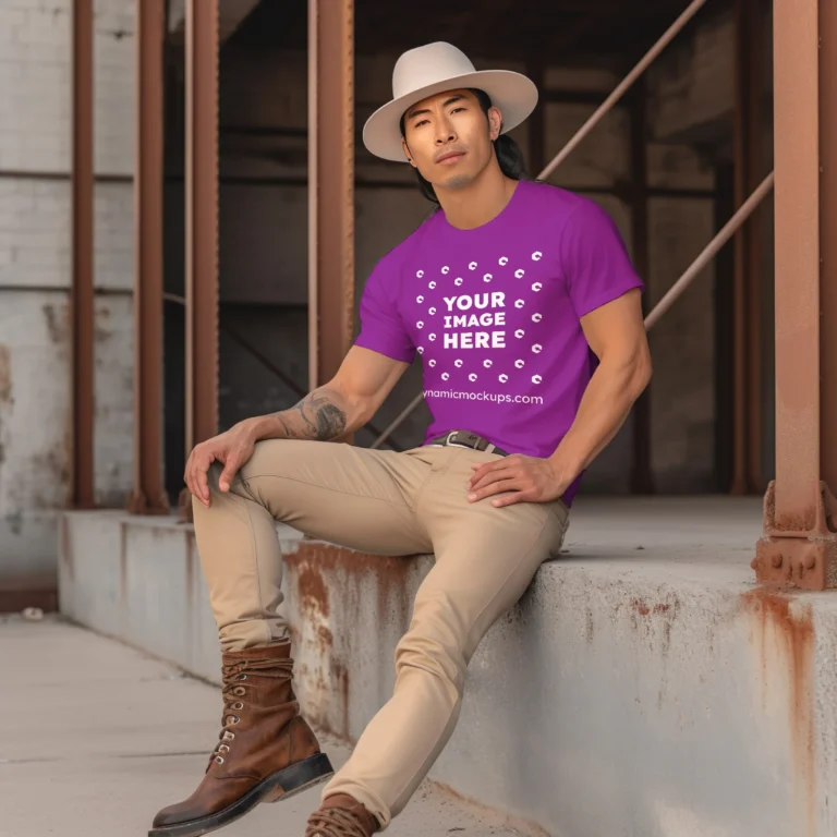 Man Wearing Purple T-shirt Mockup Front View Template