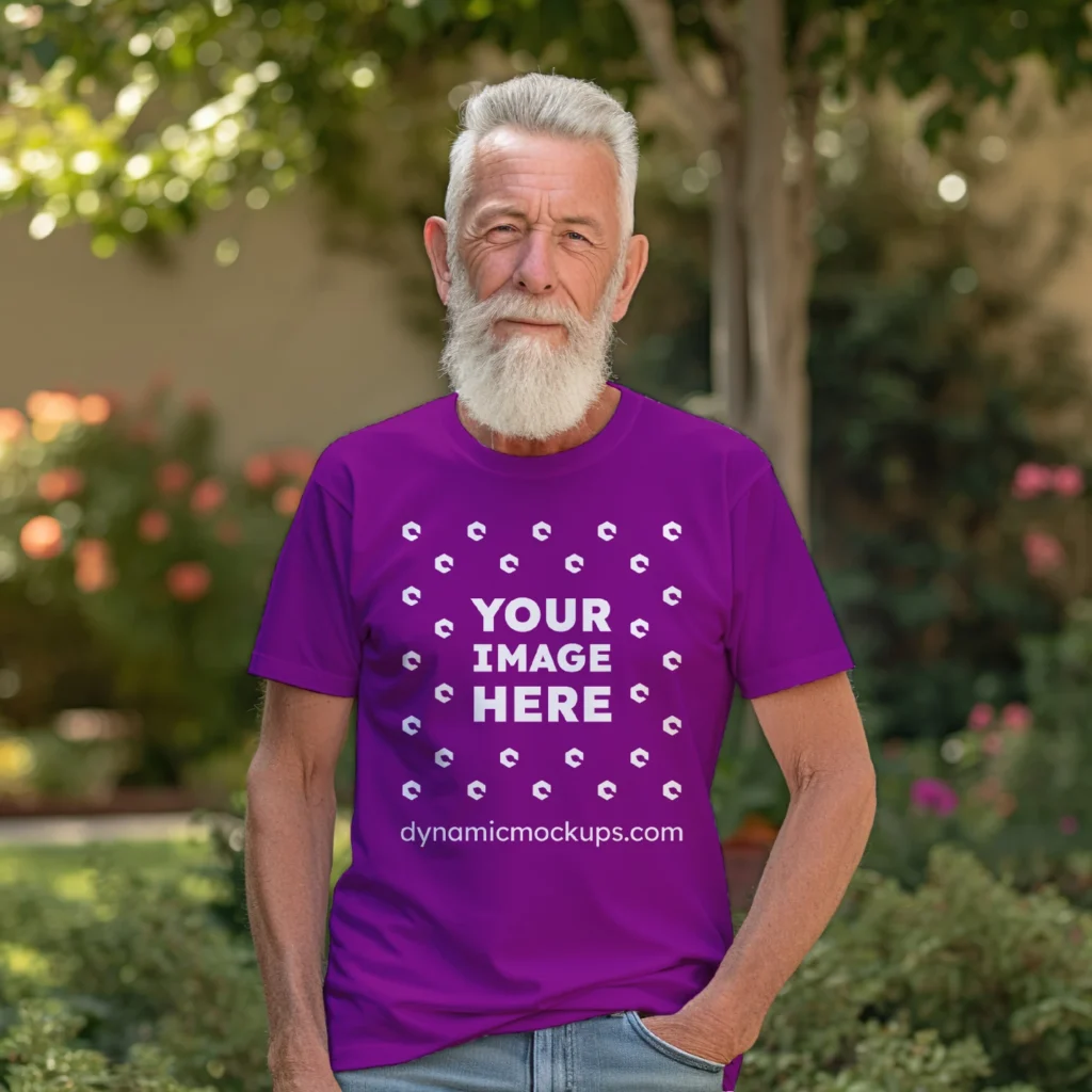 Man Wearing Purple T-shirt Mockup Front View Template