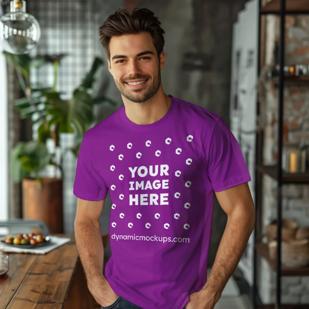 Man Wearing Purple T-shirt Mockup Front View Template