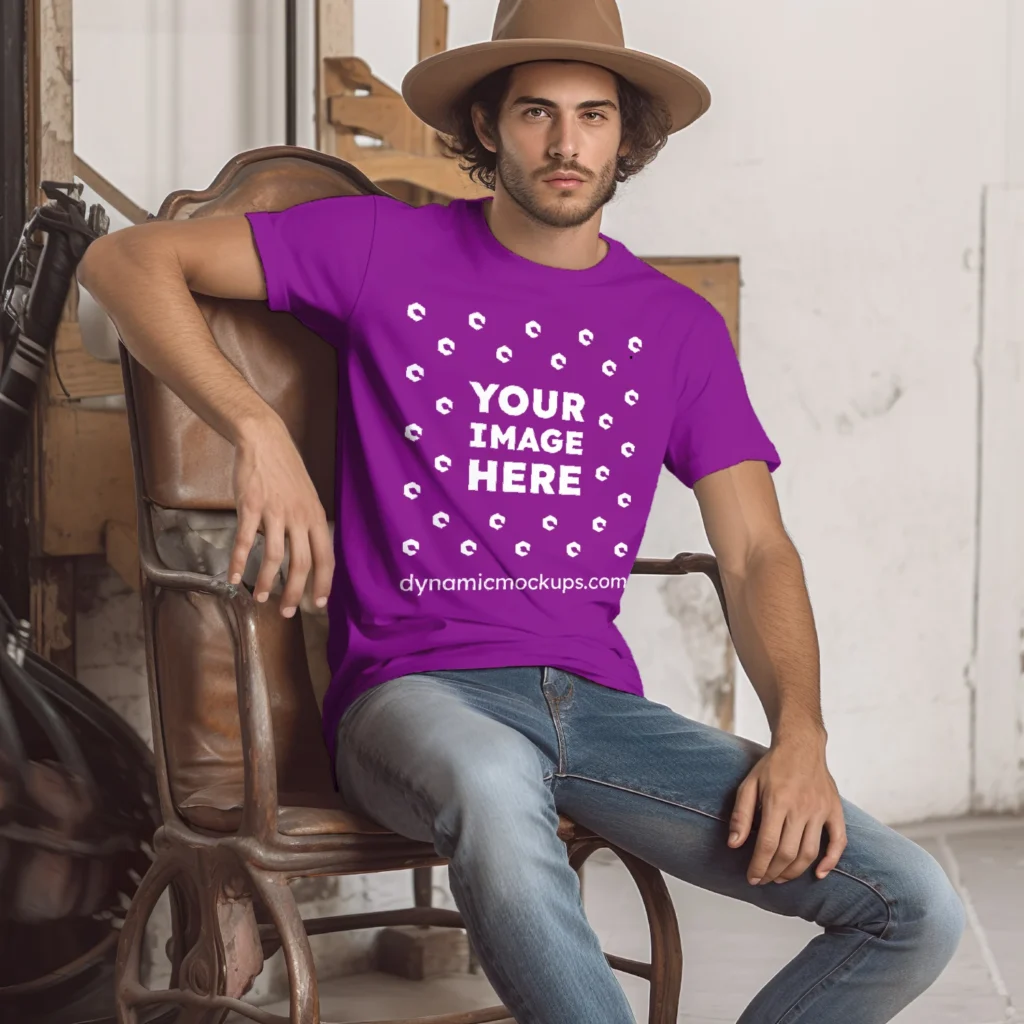 Man Wearing Purple T-shirt Mockup Front View Template