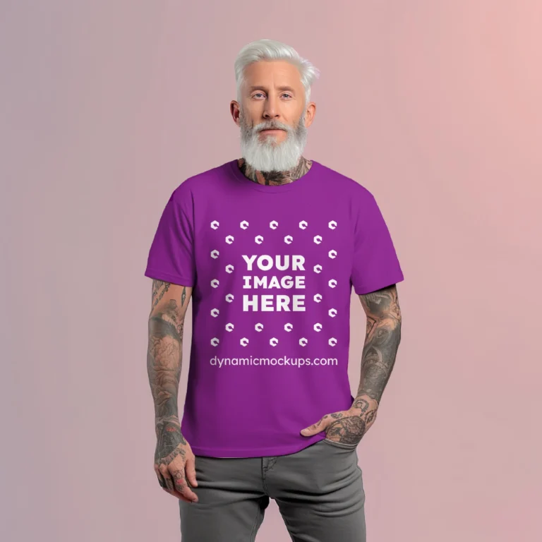 Man Wearing Purple T-shirt Mockup Front View Template