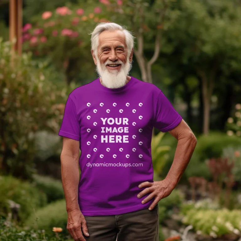 Man Wearing Purple T-shirt Mockup Front View Template