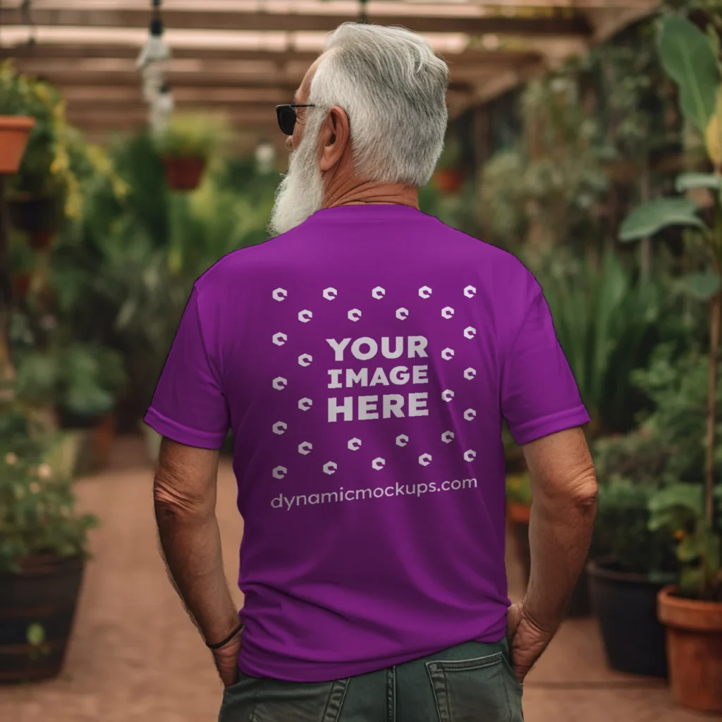 Man Wearing Purple T-shirt Mockup Back View Template