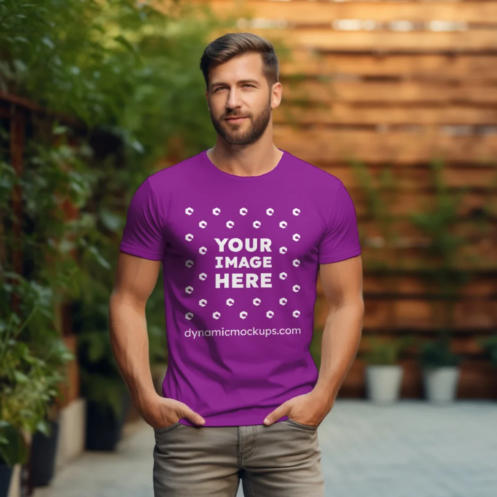 Man Wearing Purple T-shirt Mockup Front View Template