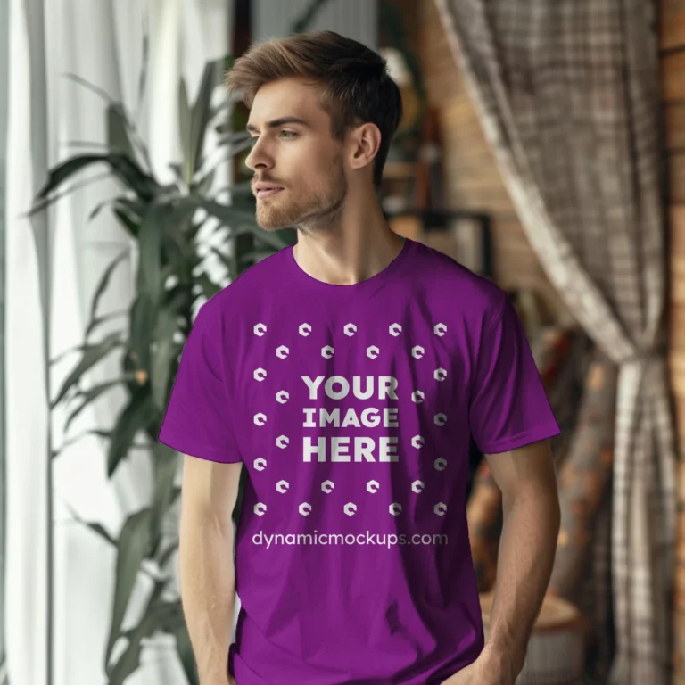 Man Wearing Purple T-shirt Mockup Front View Template