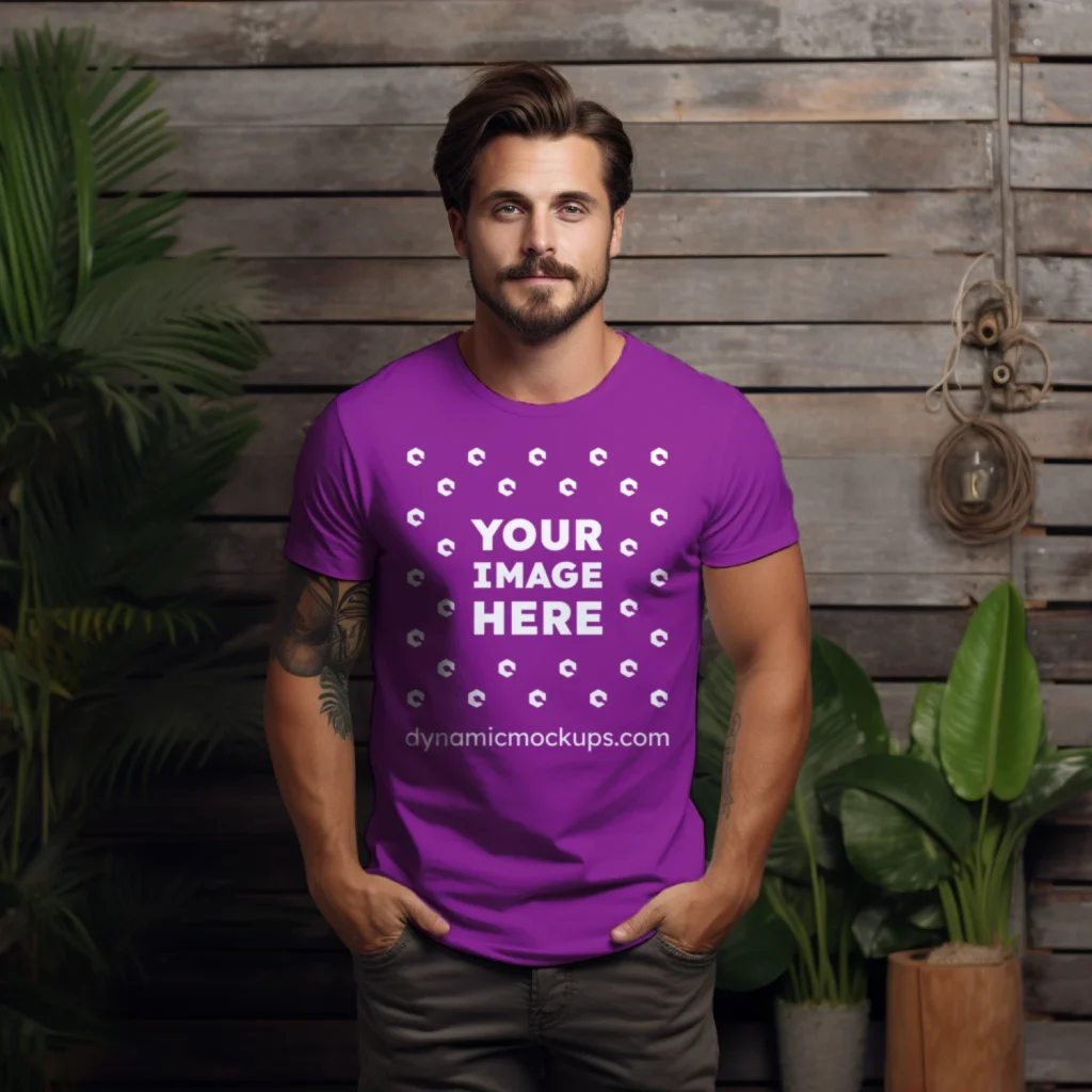 Man Wearing Purple T-shirt Mockup Front View Template