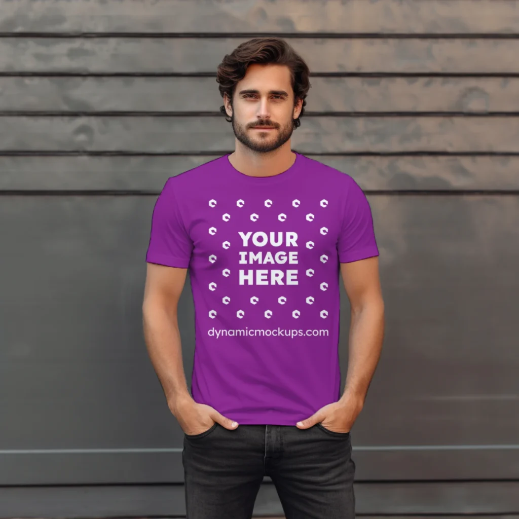 Man Wearing Purple T-shirt Mockup Front View Template