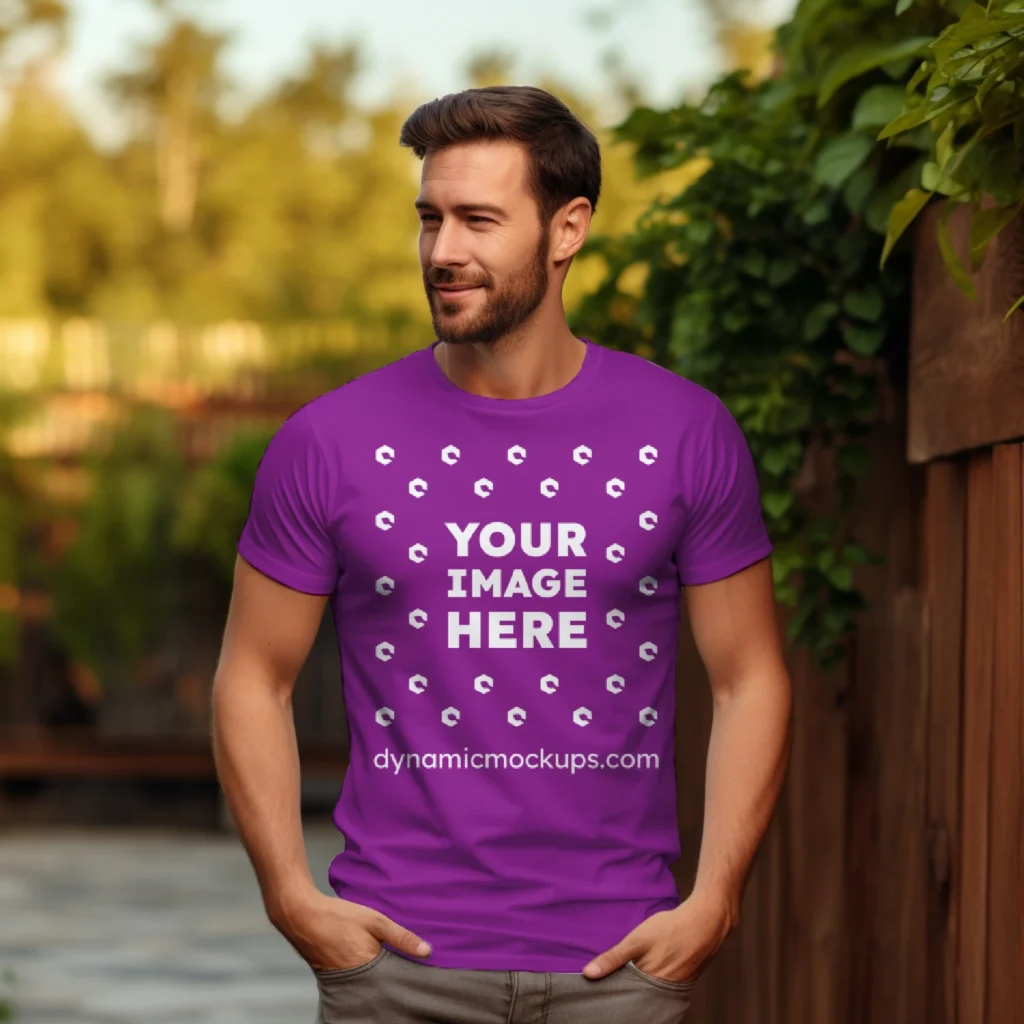 Man Wearing Purple T-shirt Mockup Front View Template