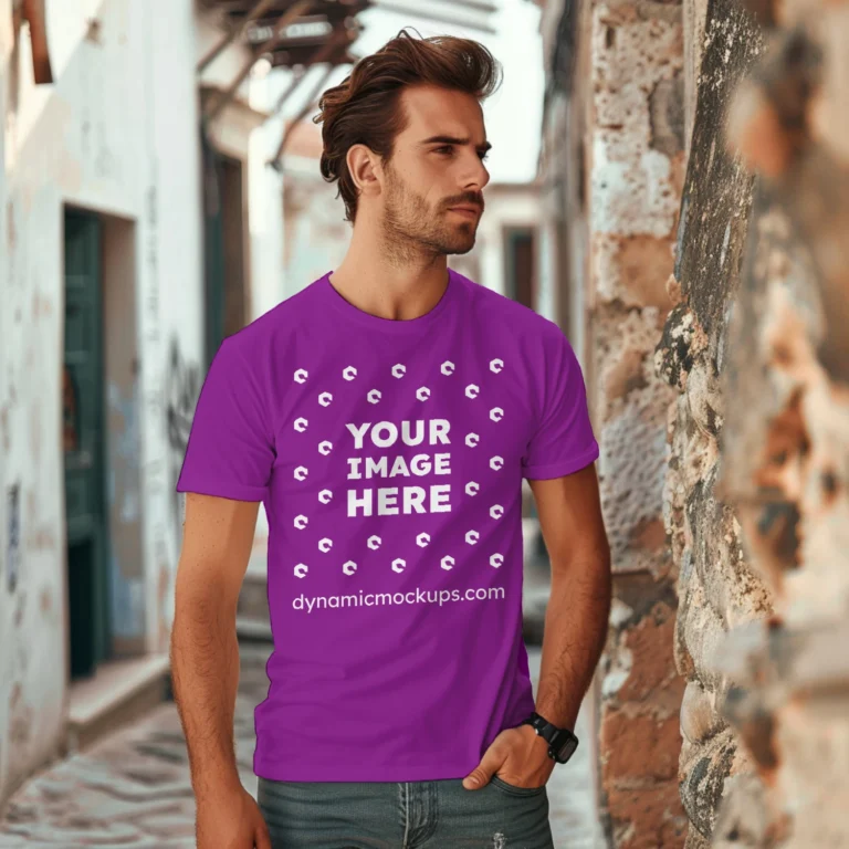 Man Wearing Purple T-shirt Mockup Front View Template