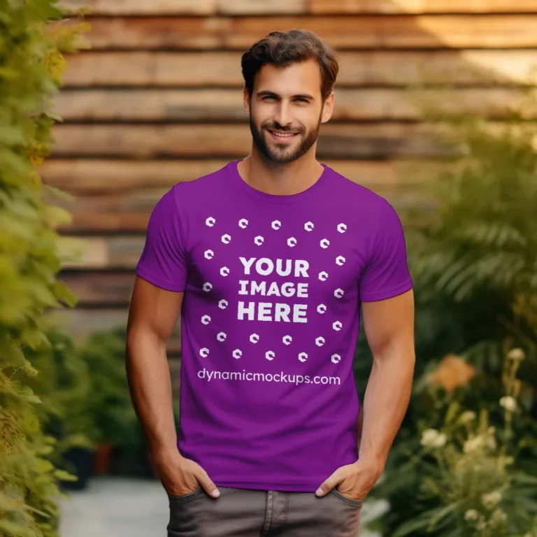 Man Wearing Purple T-shirt Mockup Front View Template