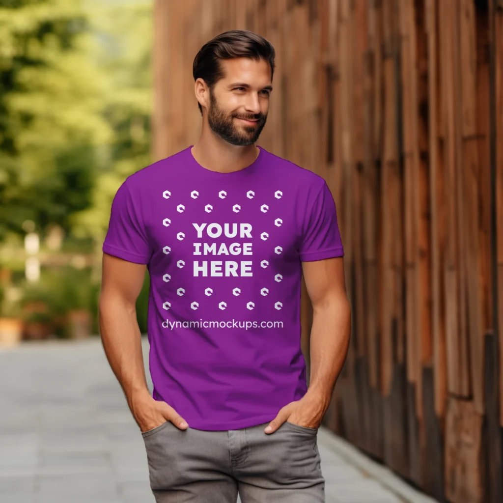 Man Wearing Purple T-shirt Mockup Front View Template