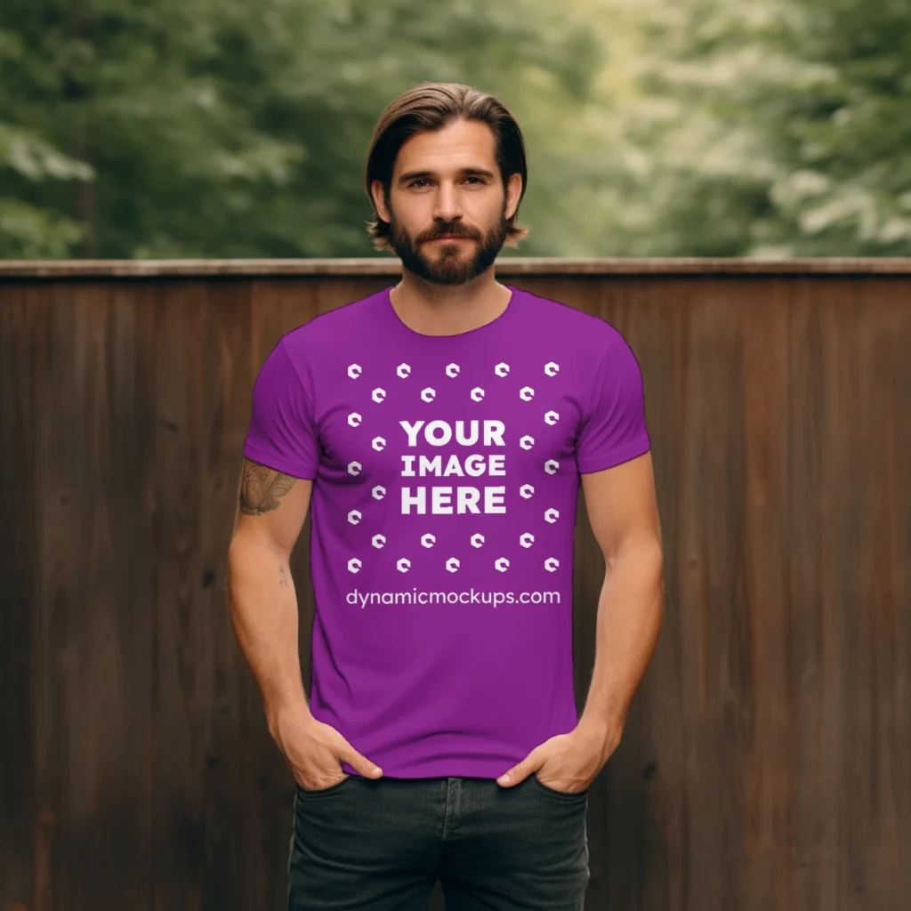 Man Wearing Purple T-shirt Mockup Front View Template