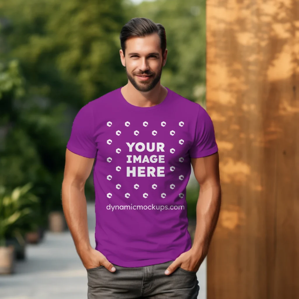 Man Wearing Purple T-shirt Mockup Front View Template