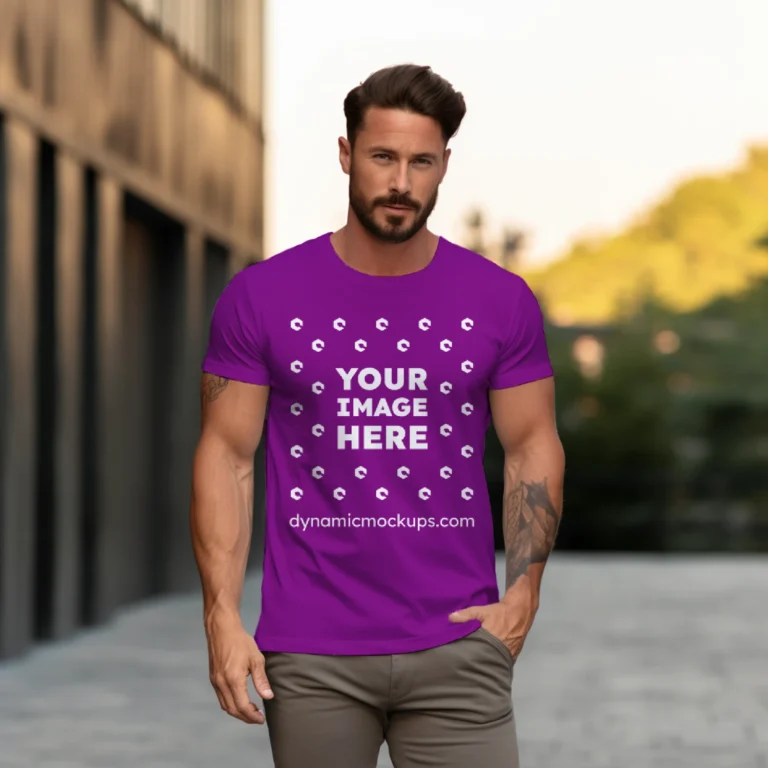 Man Wearing Purple T-shirt Mockup Front View Template