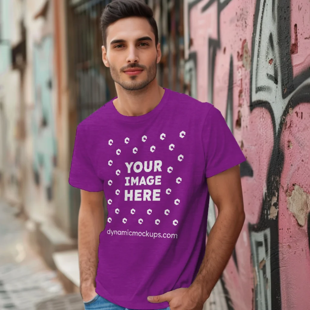 Man Wearing Purple T-shirt Mockup Front View Template