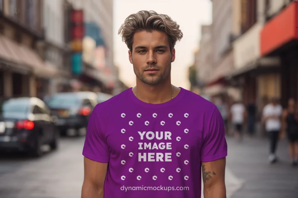 Man Wearing Purple T-shirt Mockup Front View Template