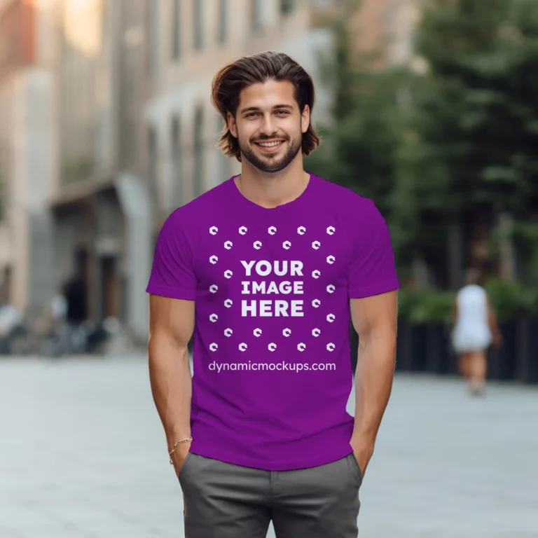 Man Wearing Purple T-shirt Mockup Front View Template