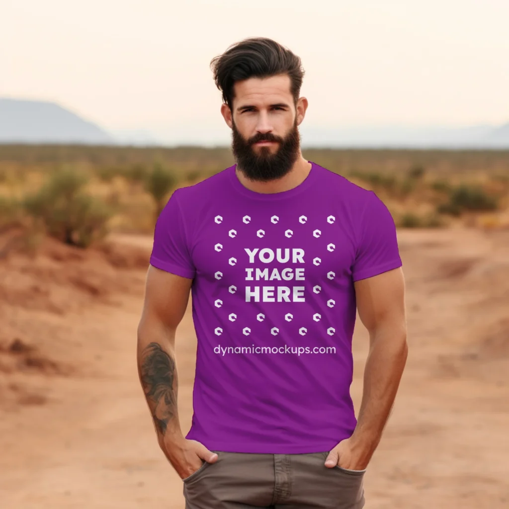 Man Wearing Purple T-shirt Mockup Front View Template