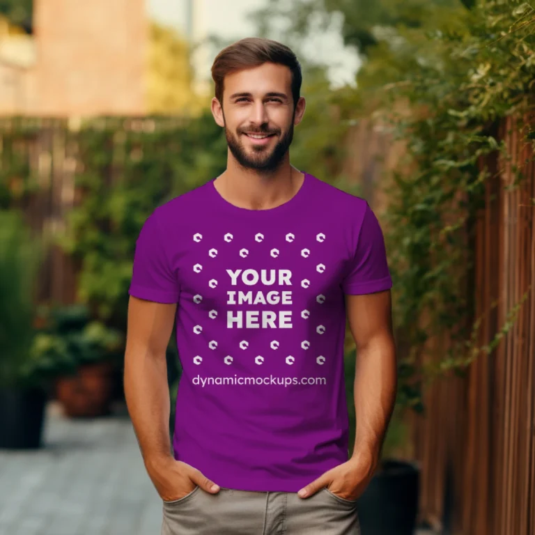 Man Wearing Purple T-shirt Mockup Front View Template