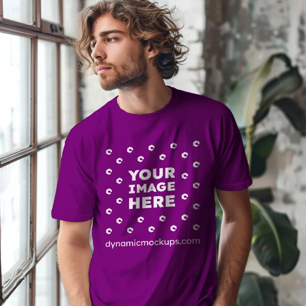 Man Wearing Purple T-shirt Mockup Front View Template