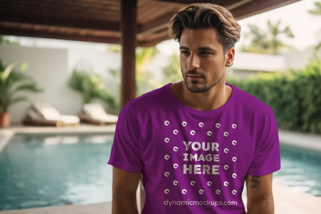 Man Wearing Purple T-shirt Mockup Front View Template