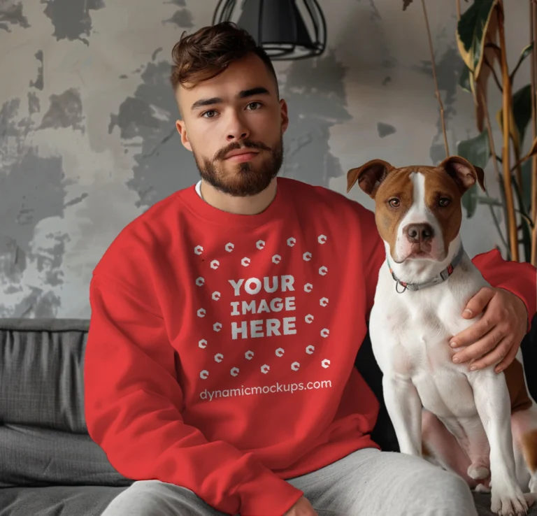 Man Wearing Red Sweatshirt Mockup Front View Template