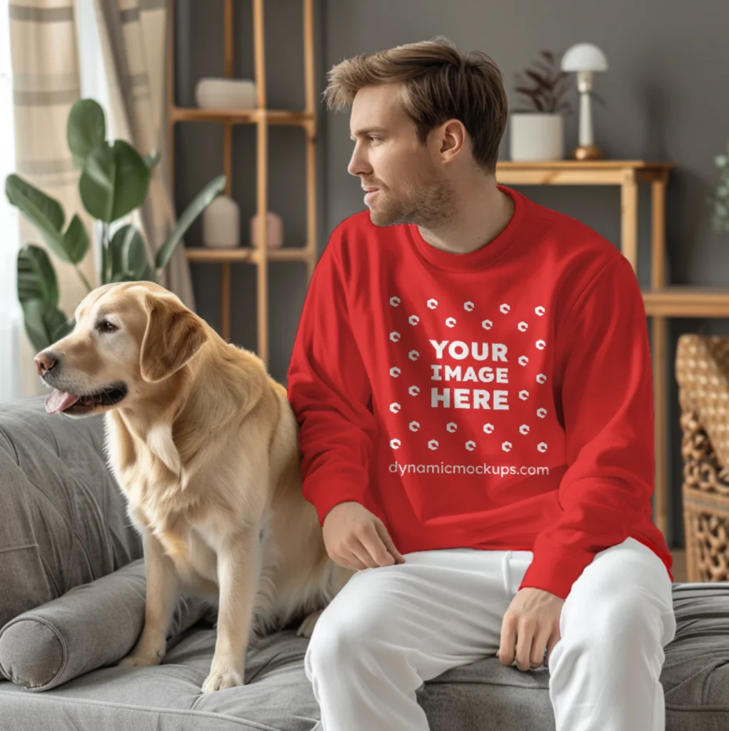 Man Wearing Red Sweatshirt Mockup Front View Template