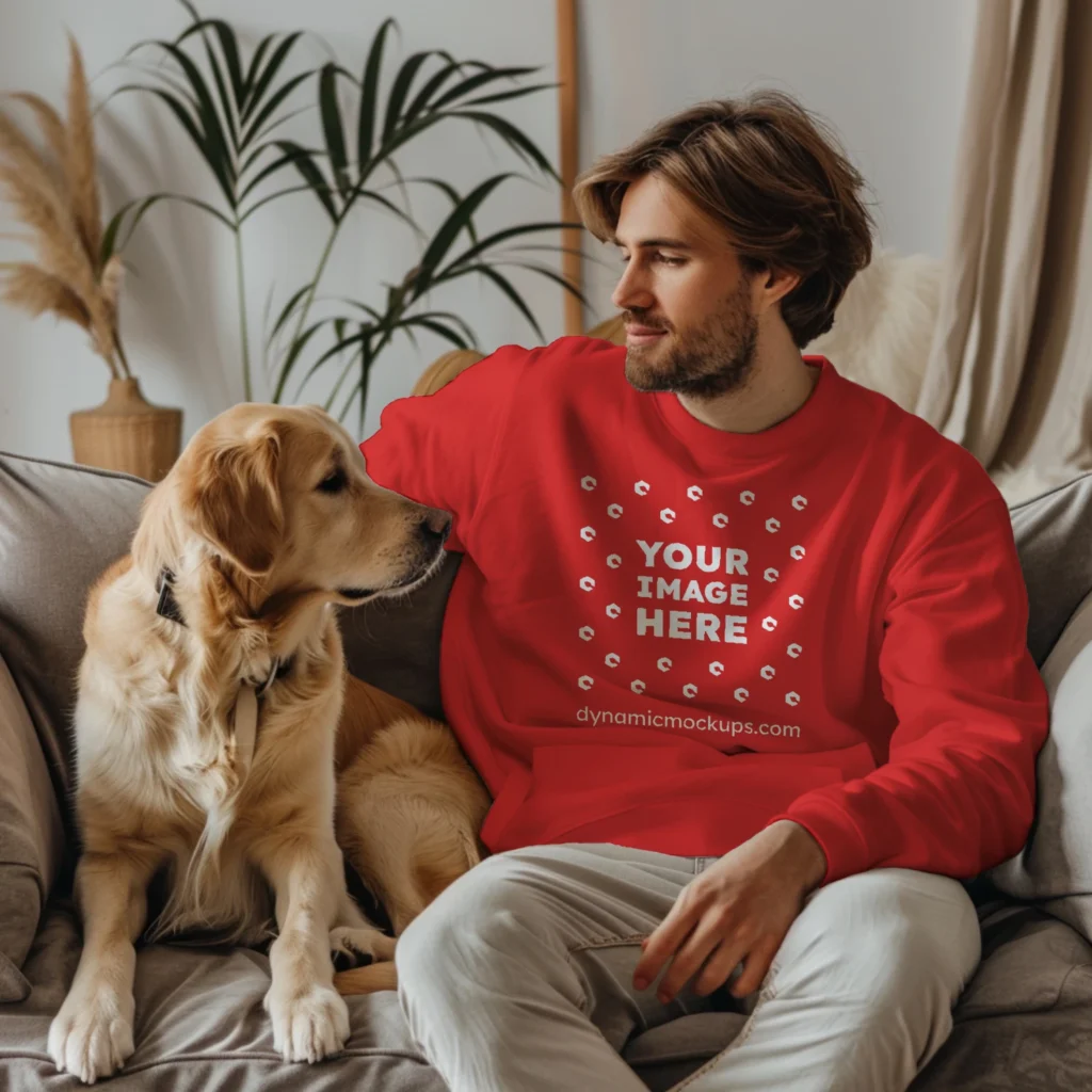 Man Wearing Red Sweatshirt Mockup Front View Template